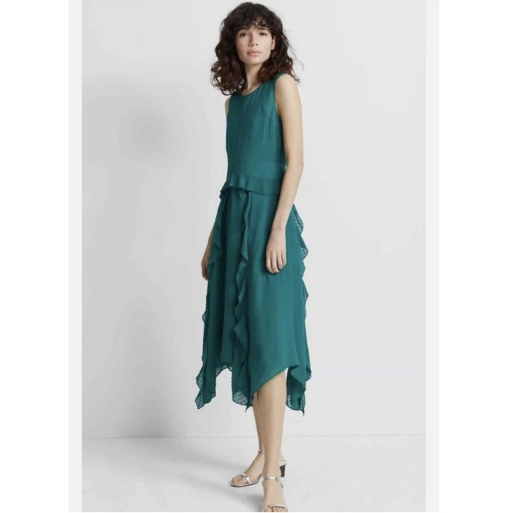 Club Monaco Lochin Swiss dot handkerchief ruffled mini dress green